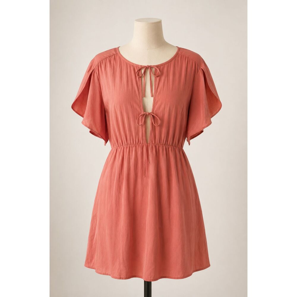 NWT Universal Thread Coral Pink Tie Front Flutter Sleeve Mini Dress M